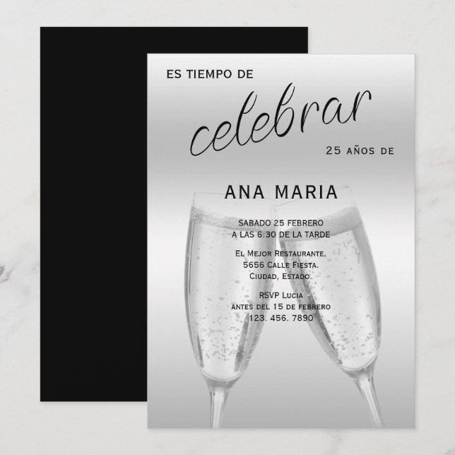 Invitación Sofisticado Cumpleaños Femenino Español Plata (Anverso / Reverso)