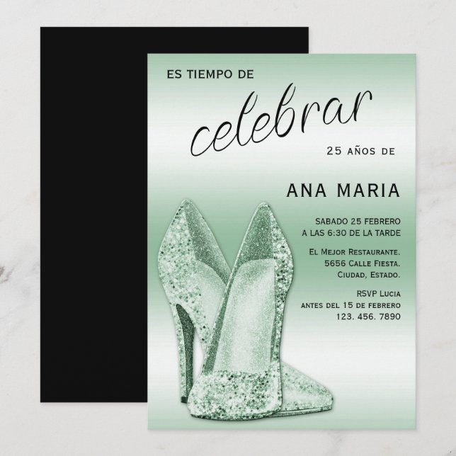 Invitación Sofisticado Cumpleaños Femenino Español Verde (Anverso / Reverso)