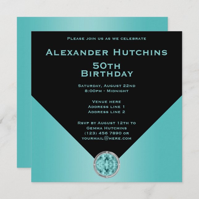 Invitación Sofisticado cumpleaños Masculino Black & Aqua (Anverso / Reverso)