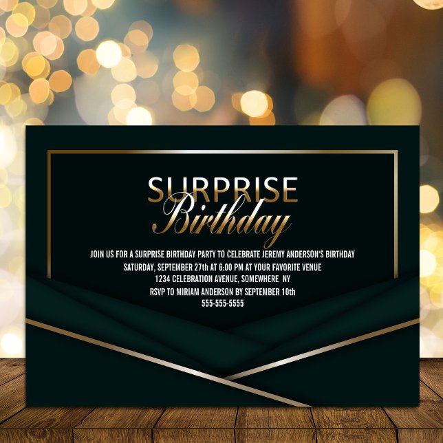 Invitación Sofisticado cumpleaños sorpresa de oro verde (Subido por el creador)