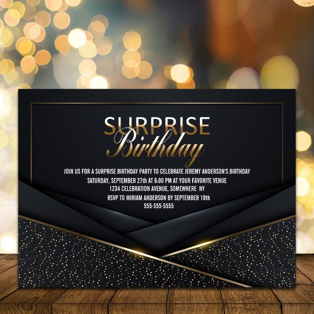 Invitación Sofisticado cumpleaños sorpresa por el oro negro (Subido por el creador)