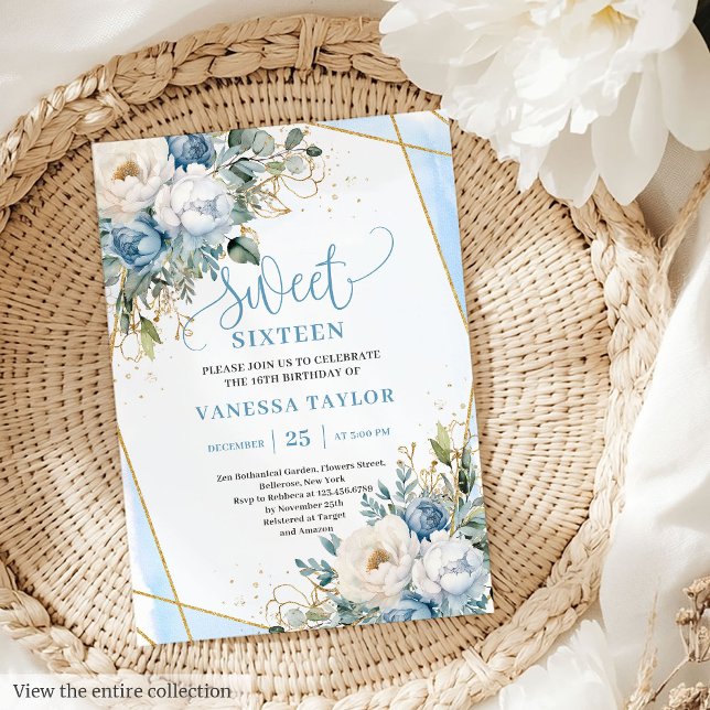 Invitación Sofisticado Dusty Blue Peonies Sweet 16 (Sophisticated Dusty Blue White Peonies Sweet 16 Invitation)