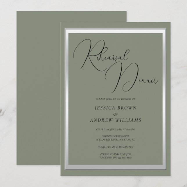 Invitación Sofisticado ensayo Boda Sage Silver Cena (Anverso / Reverso)