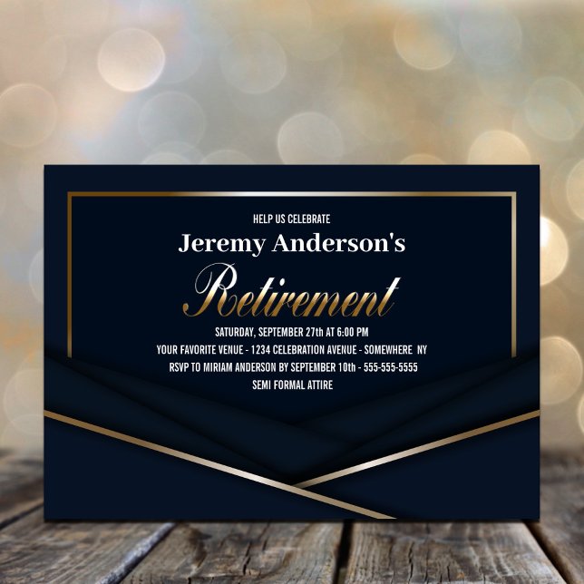 Invitación Sofisticado Fiesta de Jubilación de Oro Azul (Subido por el creador)