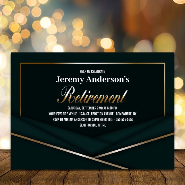 Invitación Sofisticado Fiesta de Jubilación de Oro Verde (Subido por el creador)