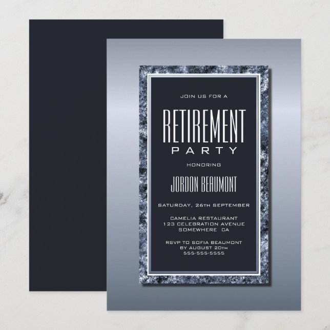 Invitación Sofisticado Fiesta de Jubilación Gris y Plata (Anverso / Reverso)