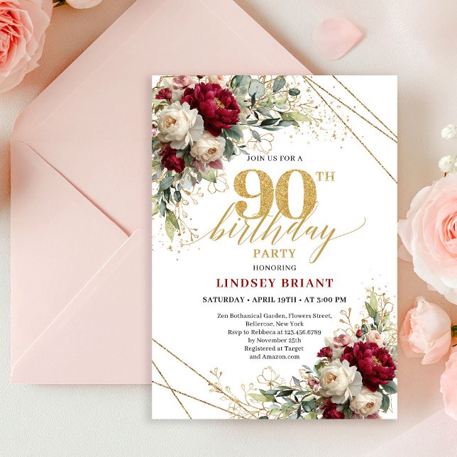 Invitación Sofisticado Floral Borgoña Dorado Cumpleaños 90   (Sophisticated Burgundy Floral Gold 90th Birthday Invite)