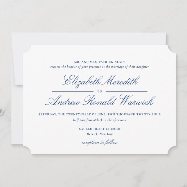 Invitación Sofisticado guión de encaje azul y blanco de la ma (Anverso)