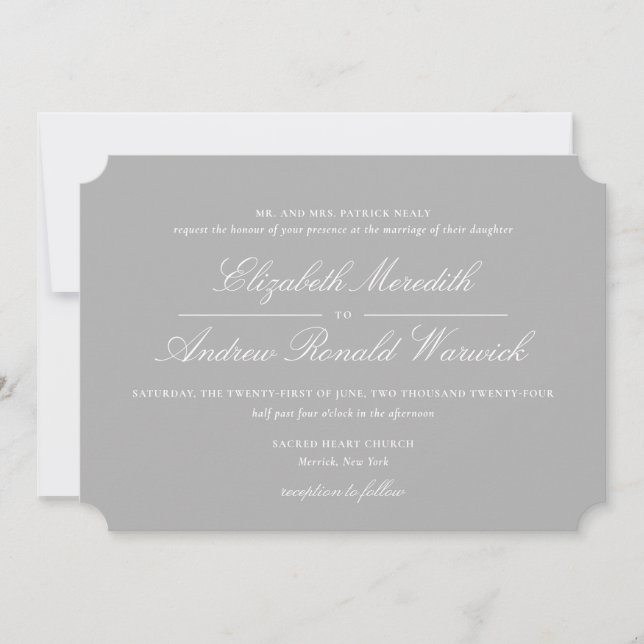 Invitación Sofisticado guión de encaje gris y blanco (Anverso)