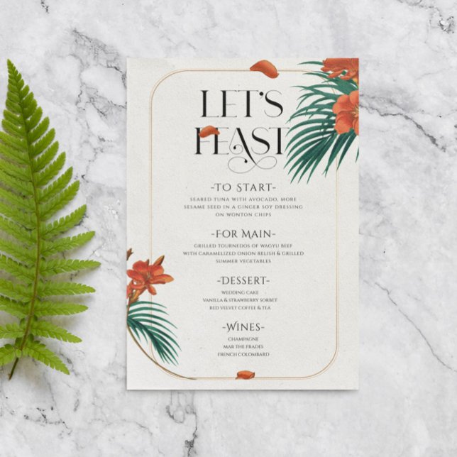 Invitación Sofisticado menú Boda de Flores Tropicales (Subido por el creador)