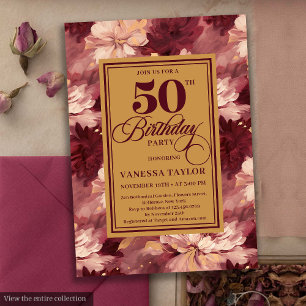 Invitación Sofisticado merlot ruboso oro floral cumpleaños