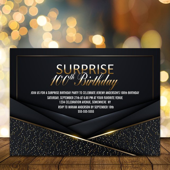Invitación Sofisticado Oro Negro 100 cumpleaños sorpresa (Subido por el creador)