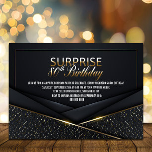 Invitación Sofisticado Oro Negro 80 cumpleaños sorpresa