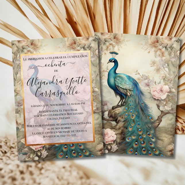 Invitación Sofisticado Pavón Azul Español Cumpleaños 80 (Subido por el creador)