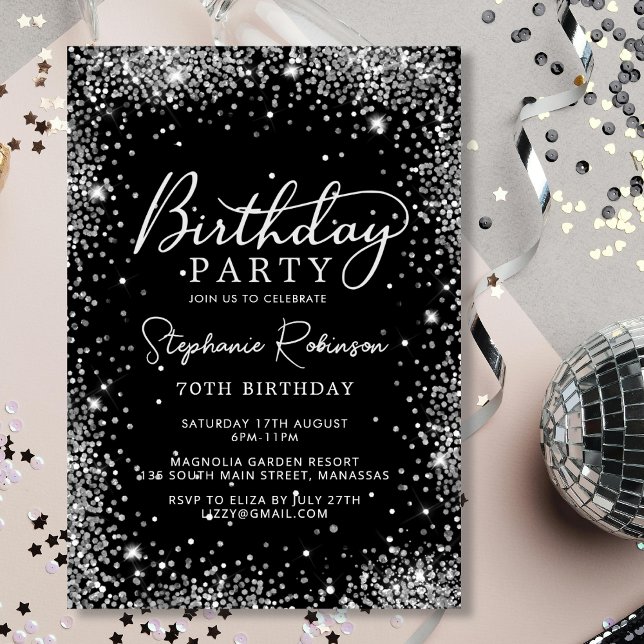 Invitación Sofisticado Purpurina Black Silver 70 cumpleaños (Subido por el creador)