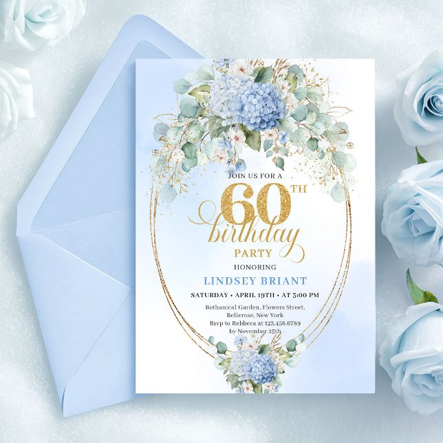 Invitación Sofisticado Rústico Suave Floral Azul Cumpleaños 6 (Sophisticated Rustic Soft Blue Floral 60th Birthday)