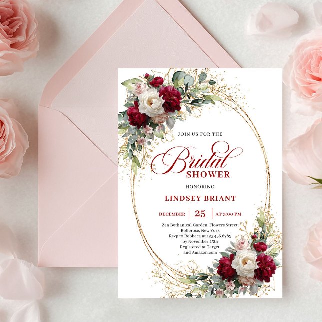 Invitación Sofisticado tono rosa floral dorado de Borgoña par (Sophisticated Burgundy Blush Floral Gold Shower Invite)