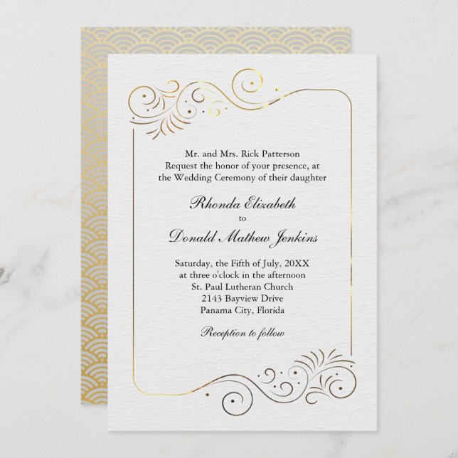 Invitación Sofisticado y lujoso Boda de Gold Flourish (Anverso / Reverso)