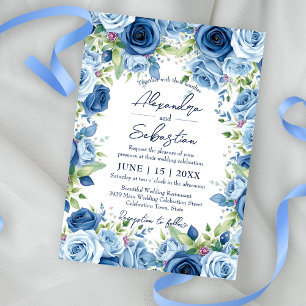 Invitación Sofisticados Rosas azules con Boda de hojas verdes