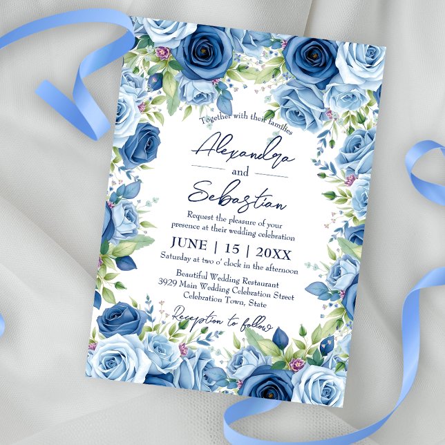 Invitación Sofisticados Rosas azules con Boda de hojas verdes (Subido por el creador)