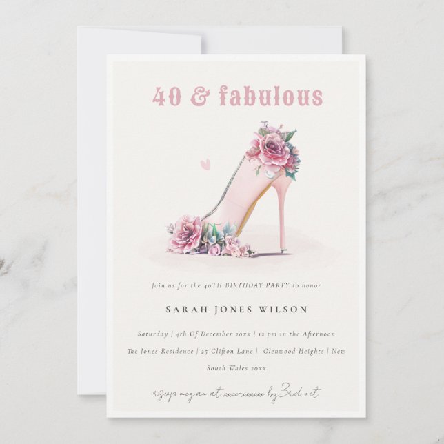 Invitación Soft 40 Fabuloso Rubor High Heels Floral Cumpleaño (Anverso)