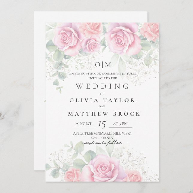 Invitación Soft and Elegant Blush Pink Roses Wedding (Anverso / Reverso)
