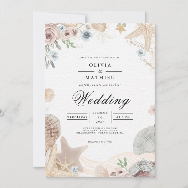 Invitación Soft Beach Shells Floral Boda (Anverso)