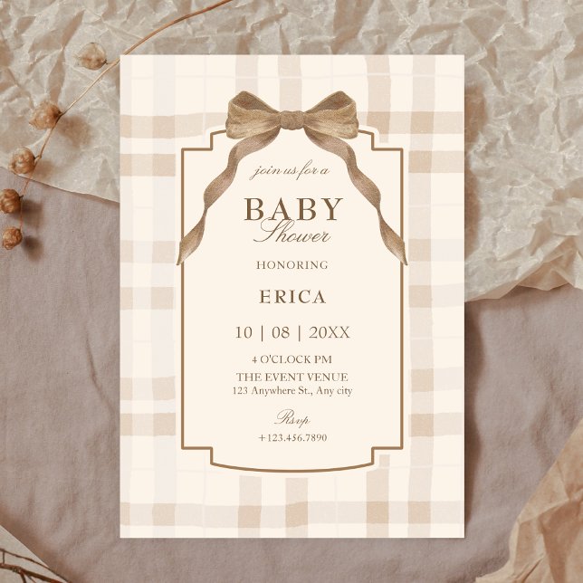 Invitación Soft beige brown bow tartan plaid baby shower (Subido por el creador)