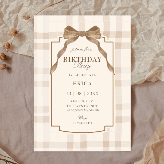 Invitación Soft beige brown bow tartan plaid birthday (Subido por el creador)