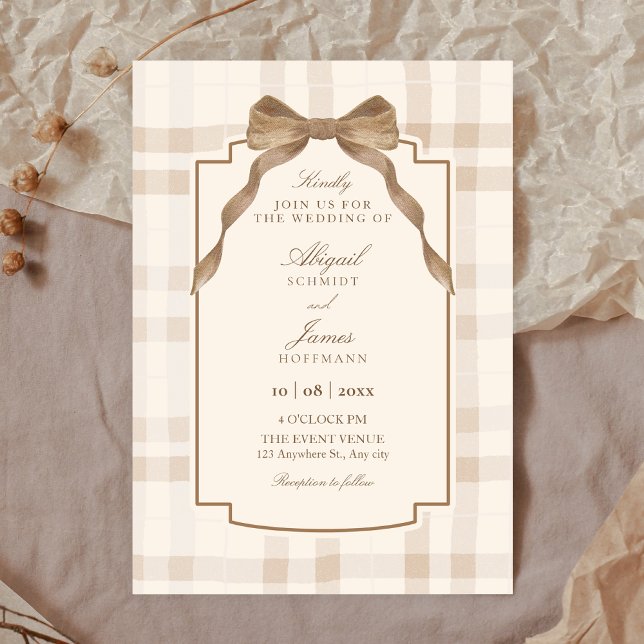 Invitación Soft beige brown bow tartan plaid wedding (Subido por el creador)