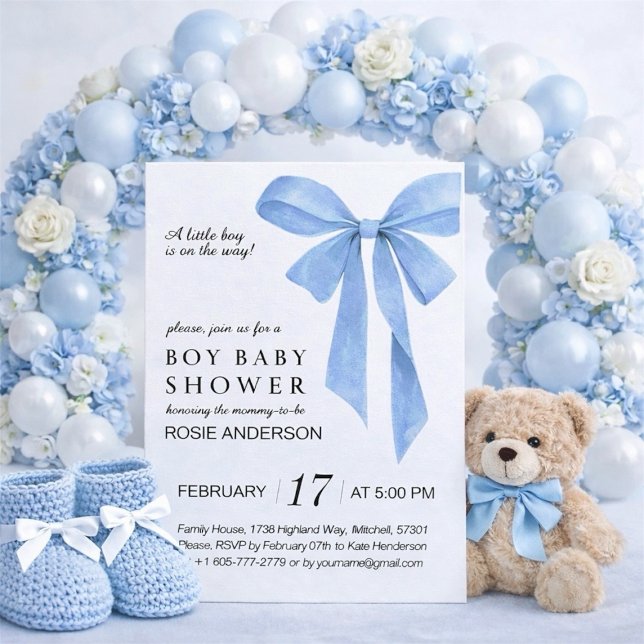 Invitación Soft Blue Bow Boy Baby Shower (Soft Blue Bow Boy Baby Shower Invitation)