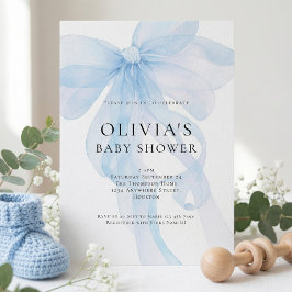 Invitación Soft Blue Bow Text Overlay Baby Shower