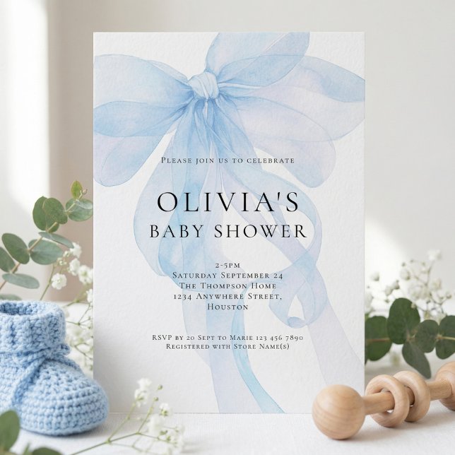 Invitación Soft Blue Bow Text Overlay Baby Shower (Subido por el creador)