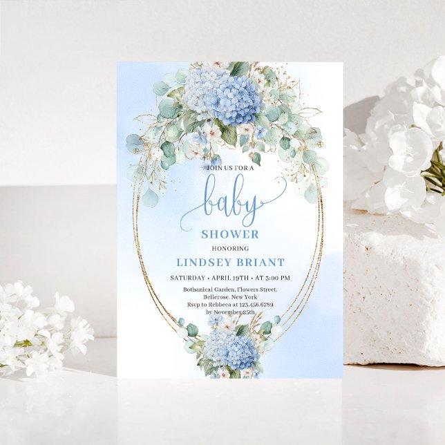Invitación Soft Blue Floral Baby Shower Invitation Gold (Soft Blue Floral Baby Shower Invitation Gold)