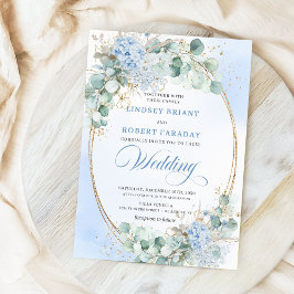 Invitación Soft Blue Floral Wheat Gold Oval Wedding Invite