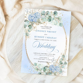 Invitación Soft Blue Hydrangea Wheat Gold Elegant Wedding 