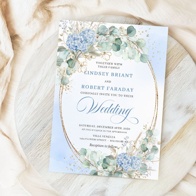 Invitación Soft Blue Hydrangea Wheat Gold Elegant Wedding  (Soft Blue Hydrangea Wheat Gold Elegant Wedding Invite)