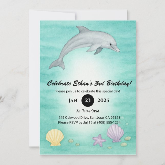 Invitación Soft Blue Ocean Dolphin Illustration Birthday  (Anverso)