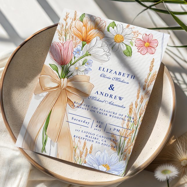Invitación Soft Blue Ribbon Floral Wedding (Subido por el creador)