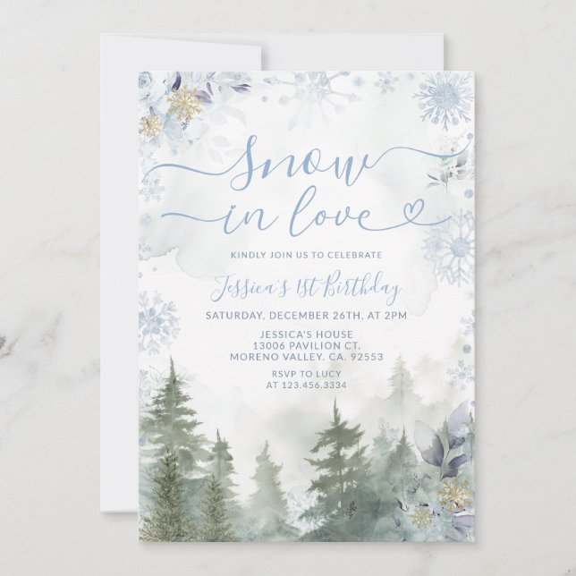 Invitación Soft Blue Snowflake In Love Winter Forest Birthday (Anverso)