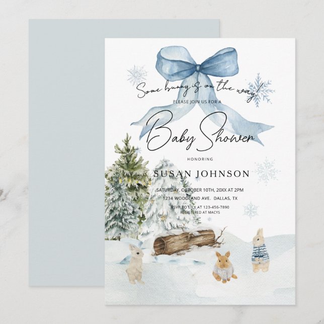Invitación Soft Blue Winter Wonderland Bunny Bow Baby Shower (Anverso / Reverso)