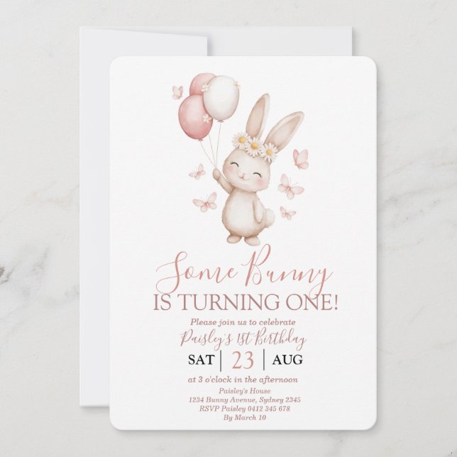 Invitación Soft Blush Bunny First Birthday (Anverso)