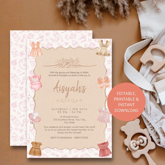 Invitación Soft Blush Pink Baby Clothes Girl Aqeeqah (Subido por el creador)