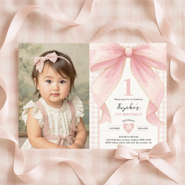 Invitación Soft Blush Pink Bow Coquette Theme 1st Birthday (Subido por el creador)