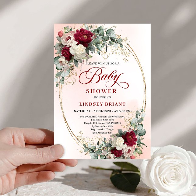 Invitación Soft Bohemian Burgundy Greenery Baby Shower Invite (Soft Bohemian Burgundy Greenery Baby Shower Invitation)