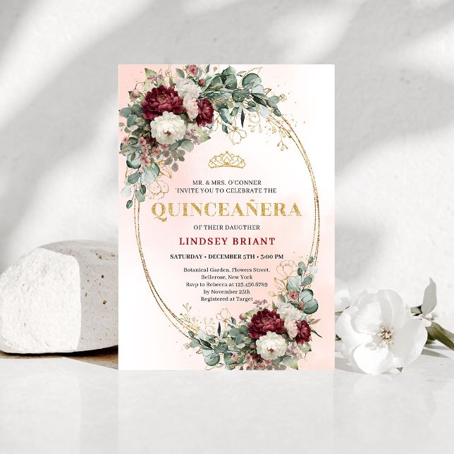 Invitación Soft Bohemian Marsala Flowers Gold 15th Birthday  (Soft Bohemian Marsala Flowers Gold 15th Birthday Invite)