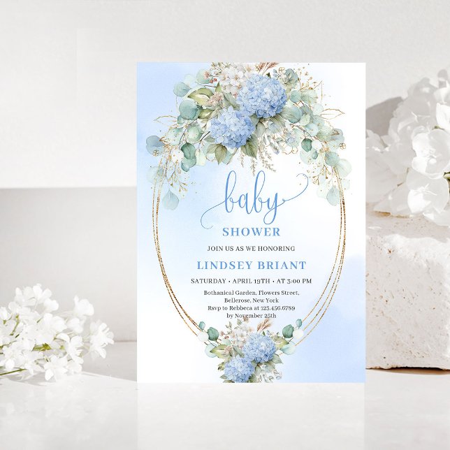 Invitación Soft Boho Blue Floral Baby Shower Gold Invitation (Soft Boho Blue Floral Baby Shower Gold Invitation)
