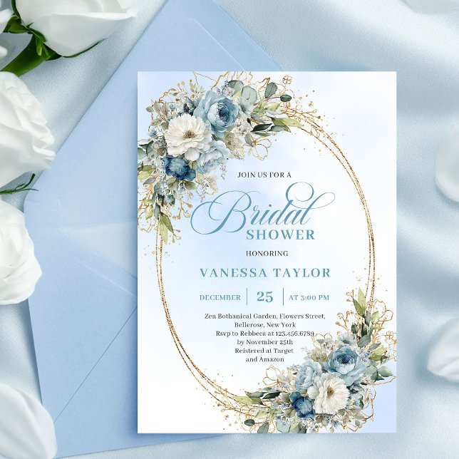Invitación Soft Boho Dusty Blue Floral Greenery Bridal Shower (Soft Dusty Blue Floral Greenery Bridal Shower Invitation)