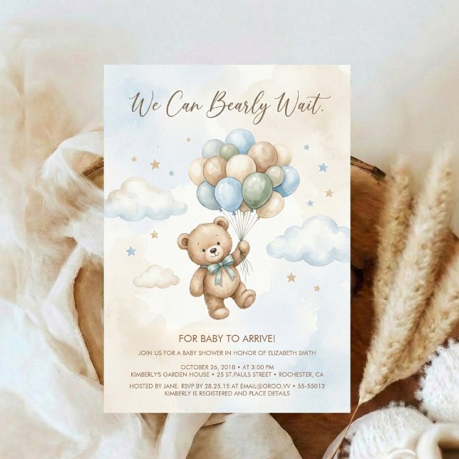 Invitación Soft Brown and Sage Balloon Teddy Bear Baby Shower (Subido por el creador)