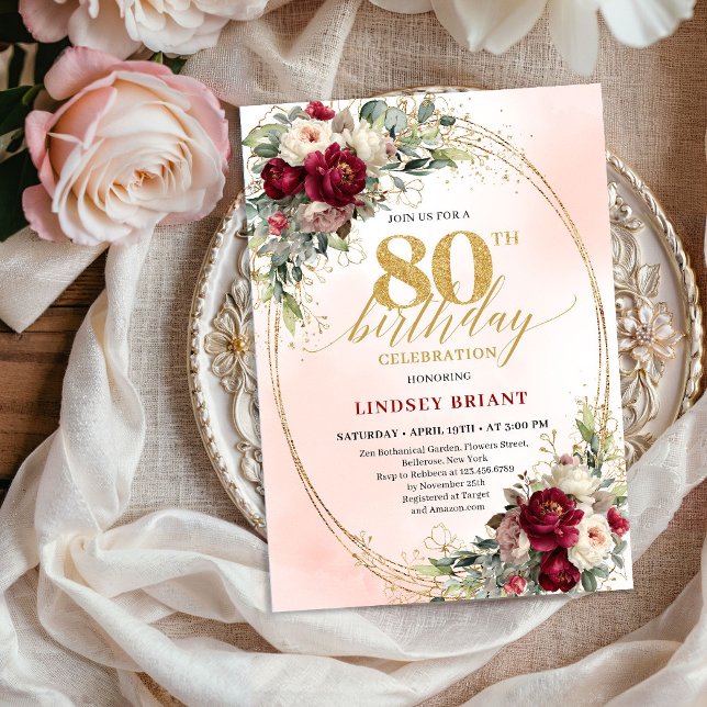 Invitación Soft Burgundy Bohemian Floral 80th Birthday Invite (Soft Burgundy Bohemian Floral 80th Birthday Invitation)